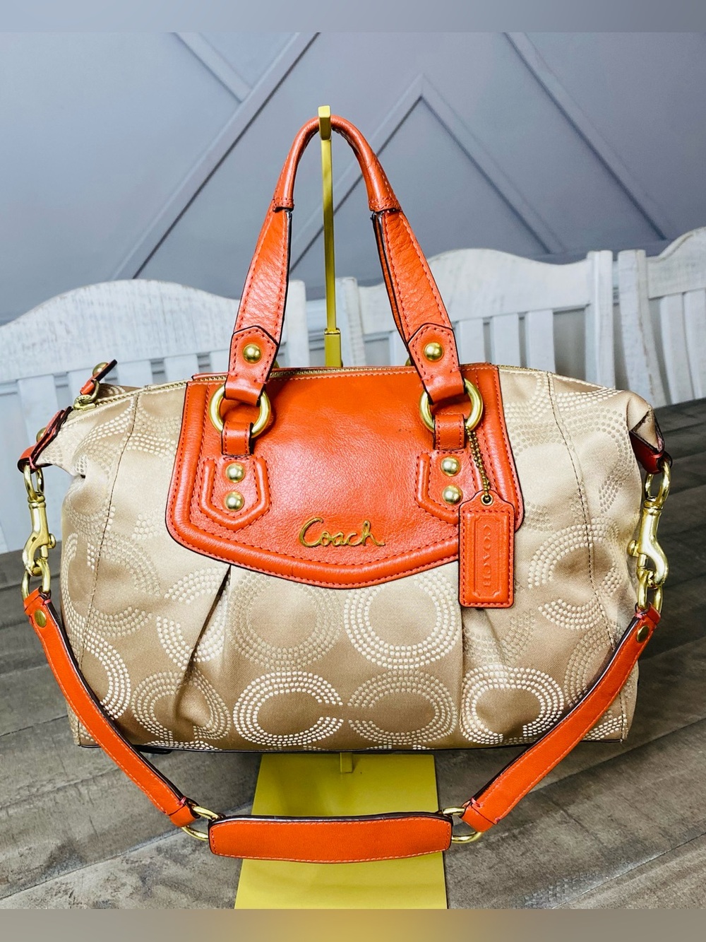 Coach Ashley Dotted Op Art Satchel Carryall Bag Beige Orange Leather F20027